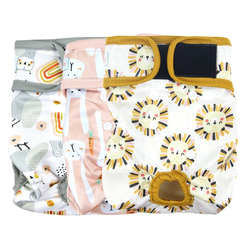 Langsprit Couches lavables pour chienne – Lot de 3, absorbantes et ajustables (Lapin, Hibou, Lion)
