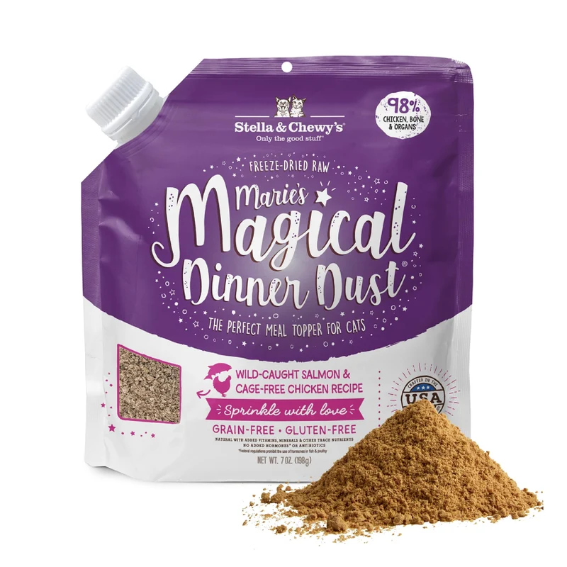 Stella & Chewy's Magical Dinner Dust — Poudre lyophilisée crue pour chats et chatons, saumon sauvage & poulet élevé en liberté, sans céréales, 7 oz