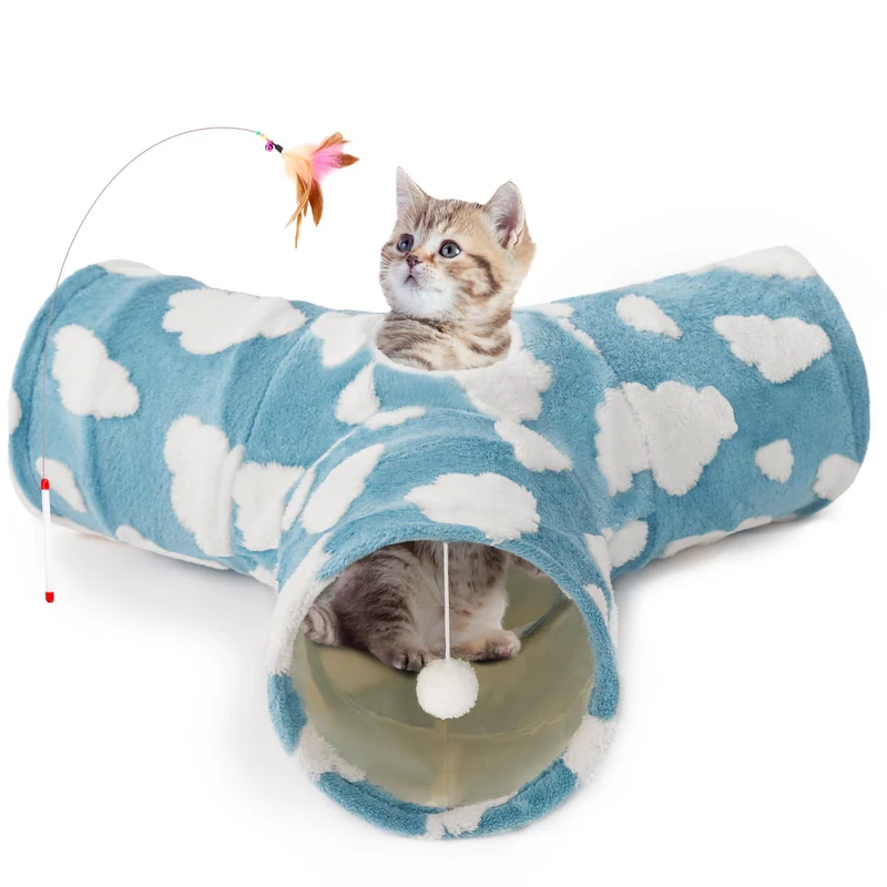 Tempcore Tunnel pour Chat – Tunnel 3 Voies Pliables avec Balle et Trou d’Observation – Bleu Nuage
