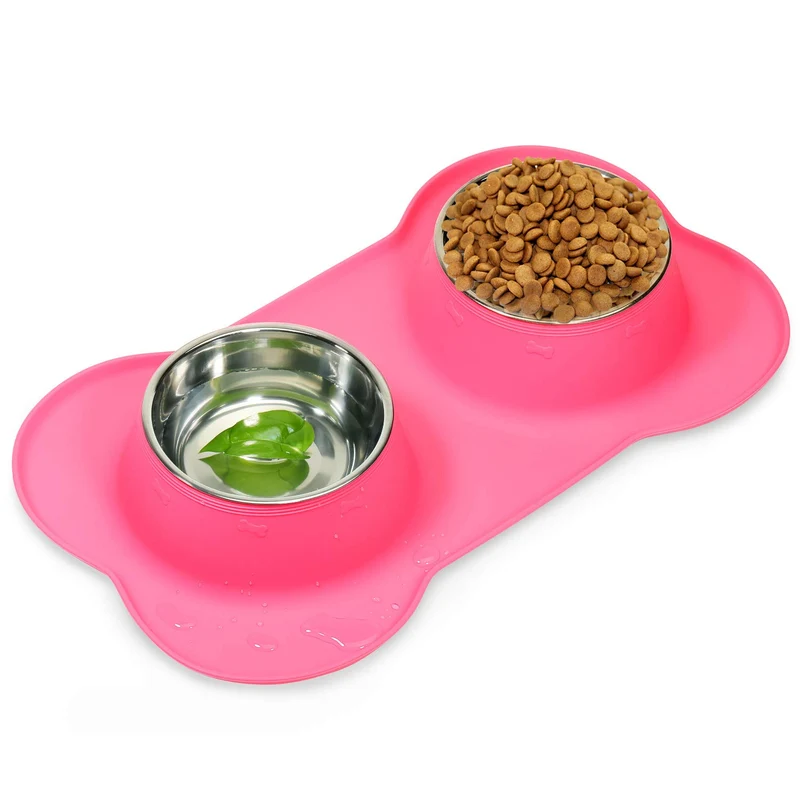 AsFrost gamelles inox pour chiens et chats – Lot de 2, tapis silicone anti-débordement, rose