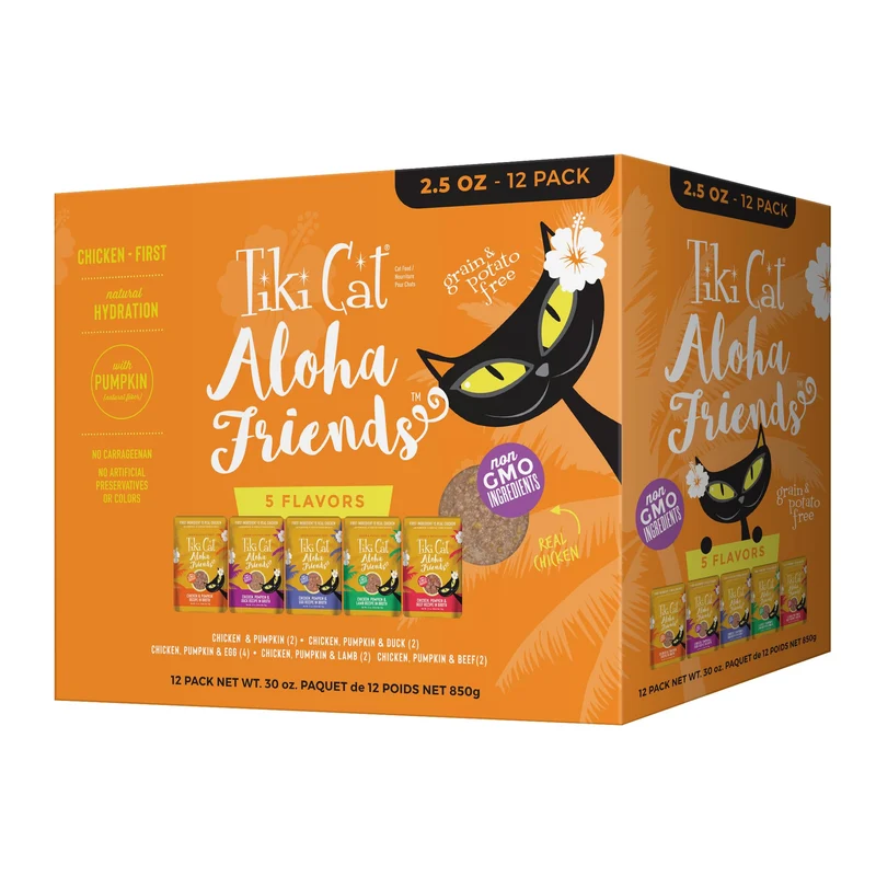 Tiki Cat Aloha Friends – Pack Variété pour Chat, Saveurs Carnées et Citrouille, Aliment Humide Haute Protéine, Tous Âges, Sachets de 2,5 oz (Lot de 12)