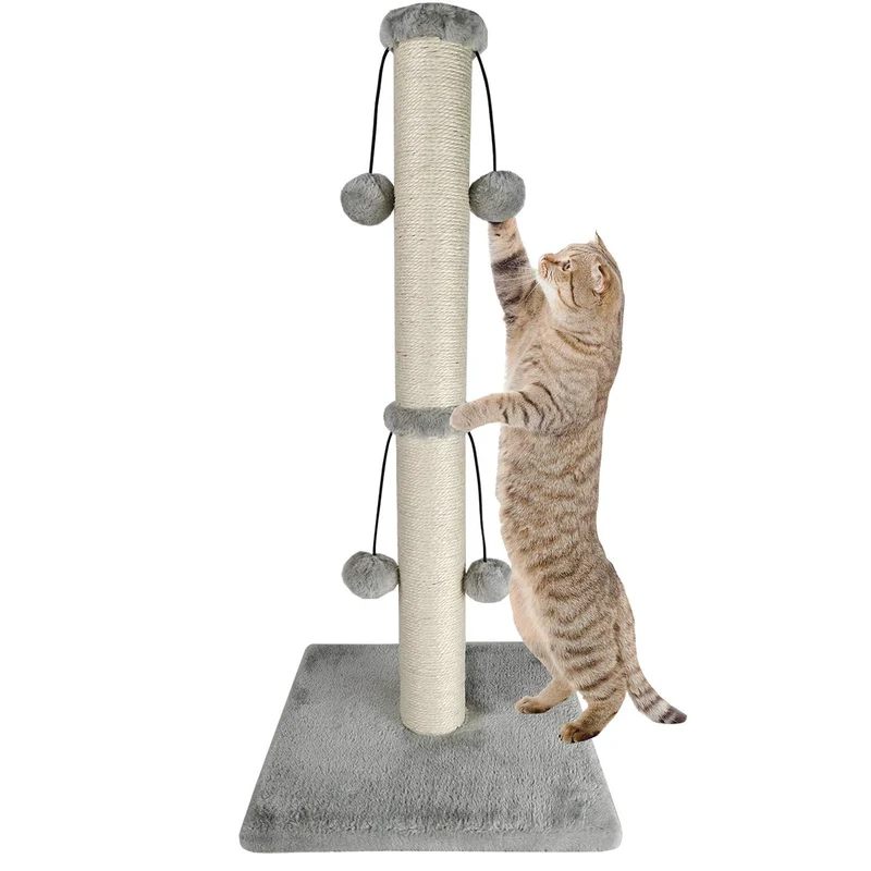 Dimaka Poteau Grattoir 29'' pour Chat – Sisal Naturel avec 4 Balles Pendantes (Gris)