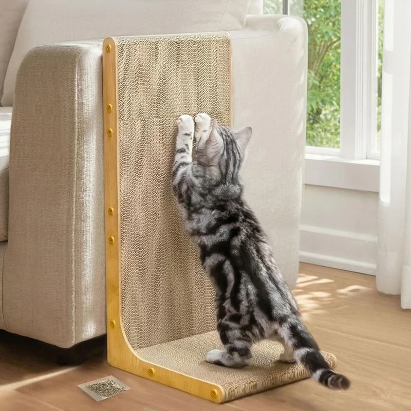 Conlun Grattoir en carton pour chats – forme en L, 23 pouces, mural vertical, grain bois
