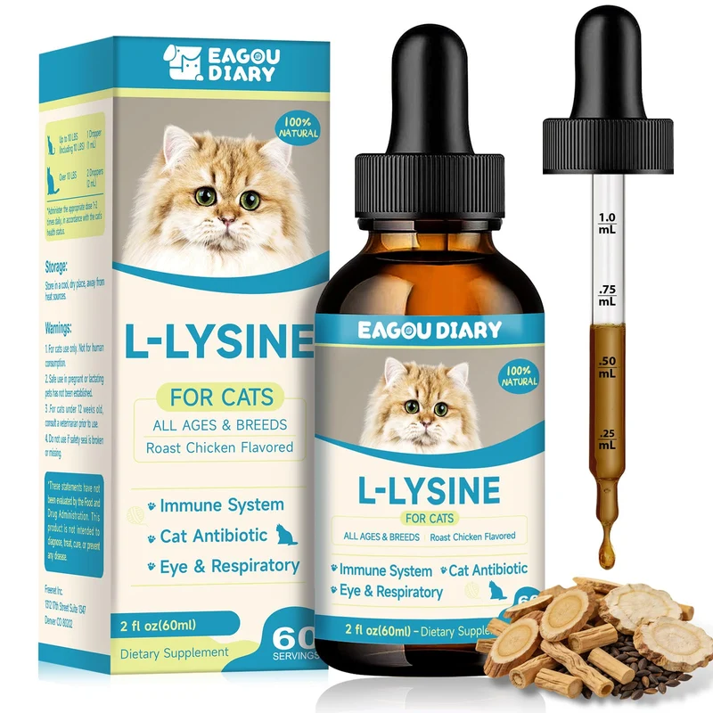 Eagou Diary L-Lysine pour Chats — Gouttes Immunité, Saveur Poulet Rôti, Colostrum (2 oz)