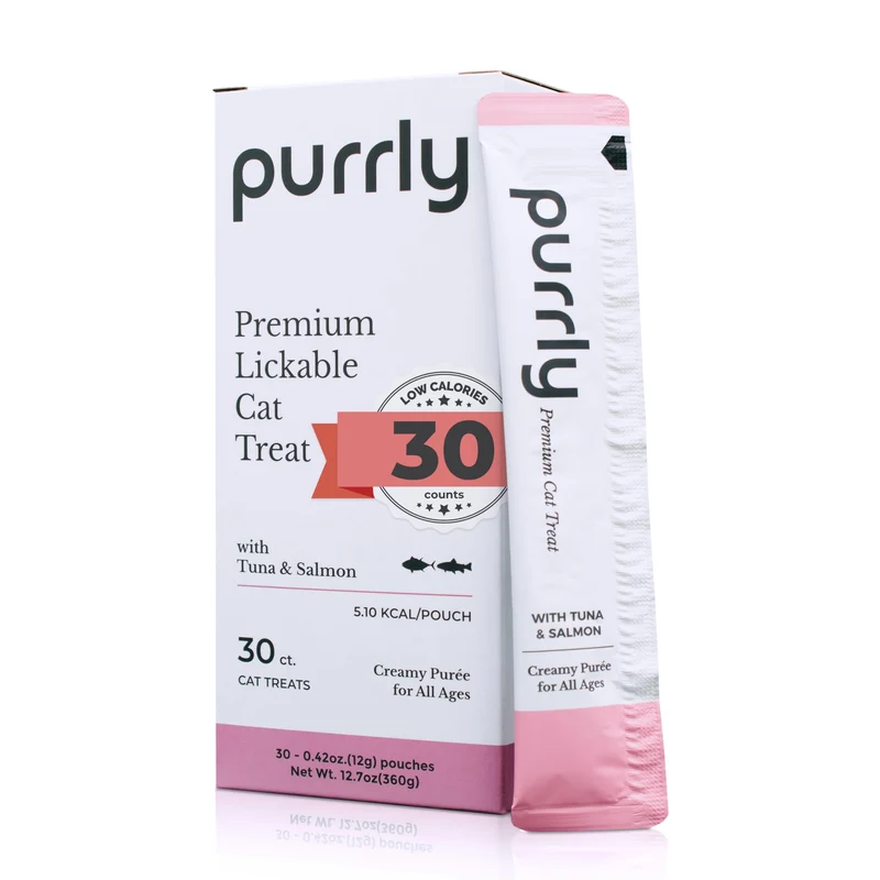 Purrly Friandises Humides pour Chat – Purée Crèmeuse au Thon et Saumon, Hydratation & Omega-3/6 (30 Sachets)