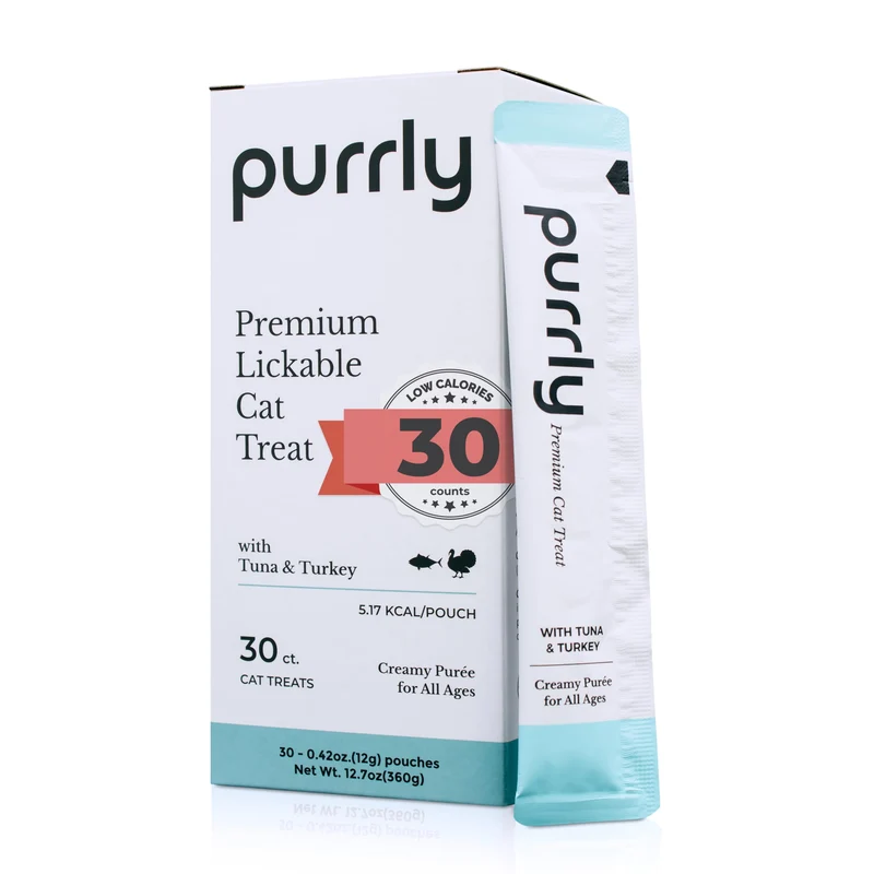 Purrly Lickables Chat — Thon & Dinde, Protéines Humaines, L-Lysine et Astaxanthine, 30 Sachets