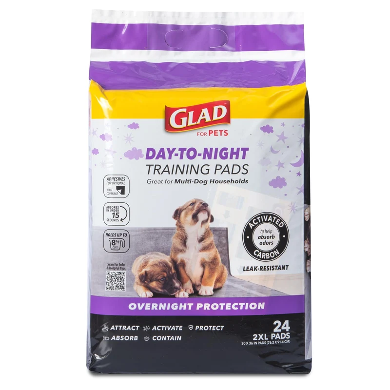 Glad – Tapis d’entraînement pour chiots Jour et Nuit avec charbon actif, adhésif et protection murale, 24 tapis 30 × 36 po