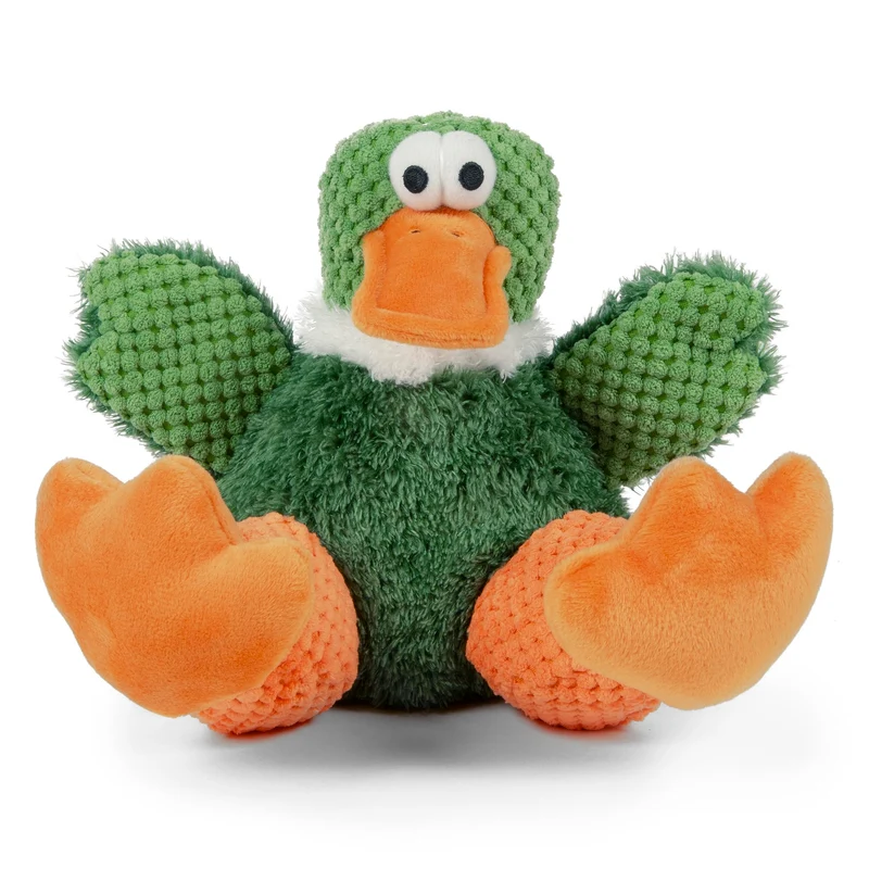 goDog Checkers Canard Assis – Peluche verte couineuse, Grand Modèle, Technologie de Résistance à la Mastication