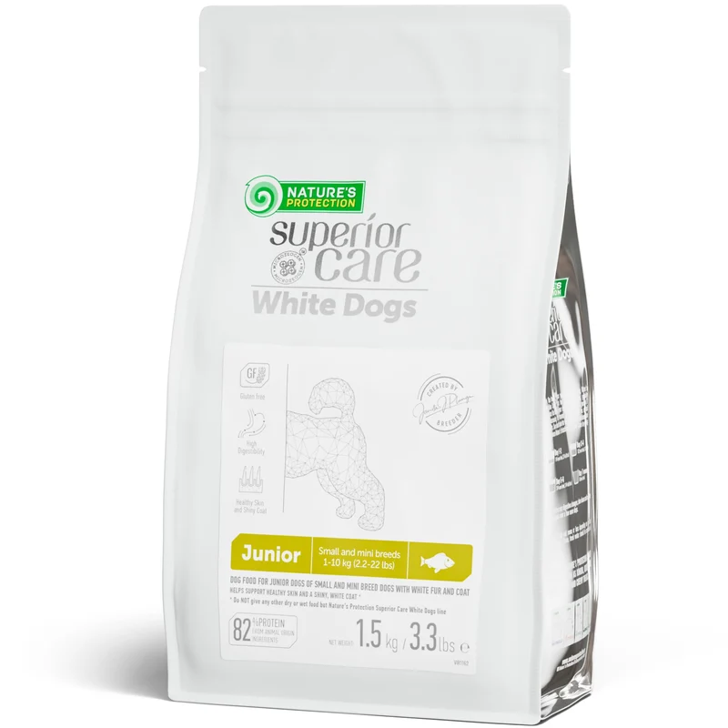 Nature's Protection Nourriture pour chiots petit chien – Haute Protéine, Sans Céréales, Formule Anti-Taches pour Pelage Blanc et Clair – Poisson Blanc, Soin Supérieur, 1,5 kg