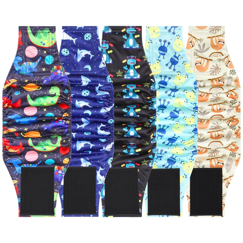 Pilviset Dino M – Lot de 5 Bandes ventrales réutilisables pour chien mâle | Absorption élevée
