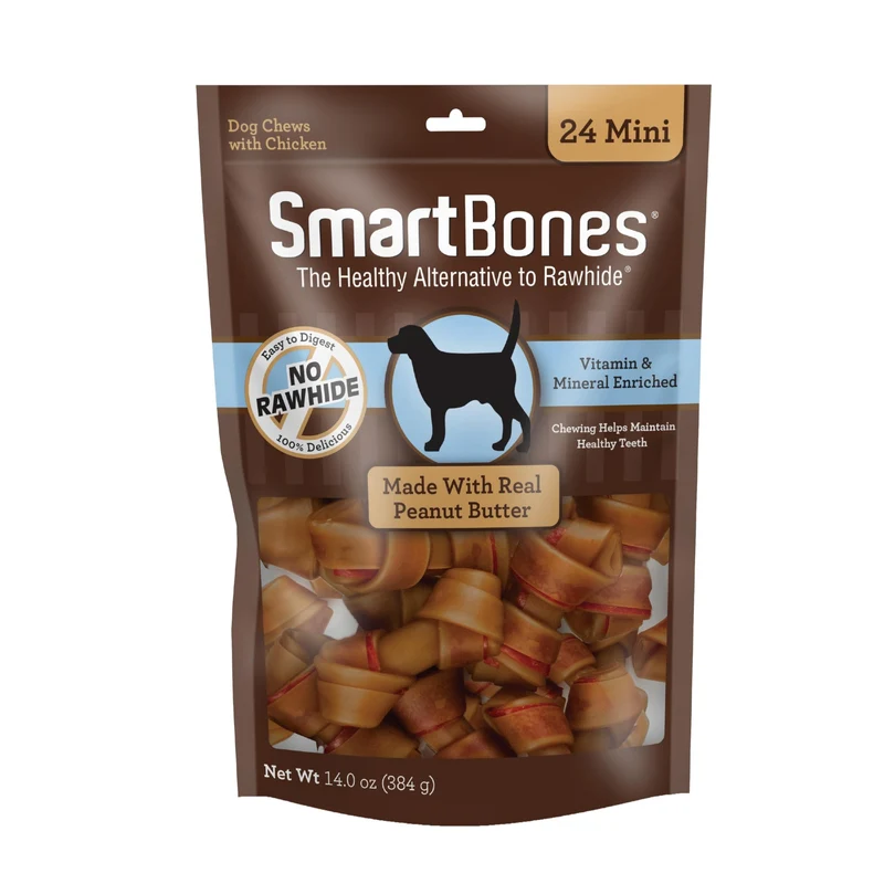 SmartBones Mini Friandises Sans Cuir Avec Beurre de Cacahuète Réel — 24 Friandises pour Chiens (Conditionnement Variable)