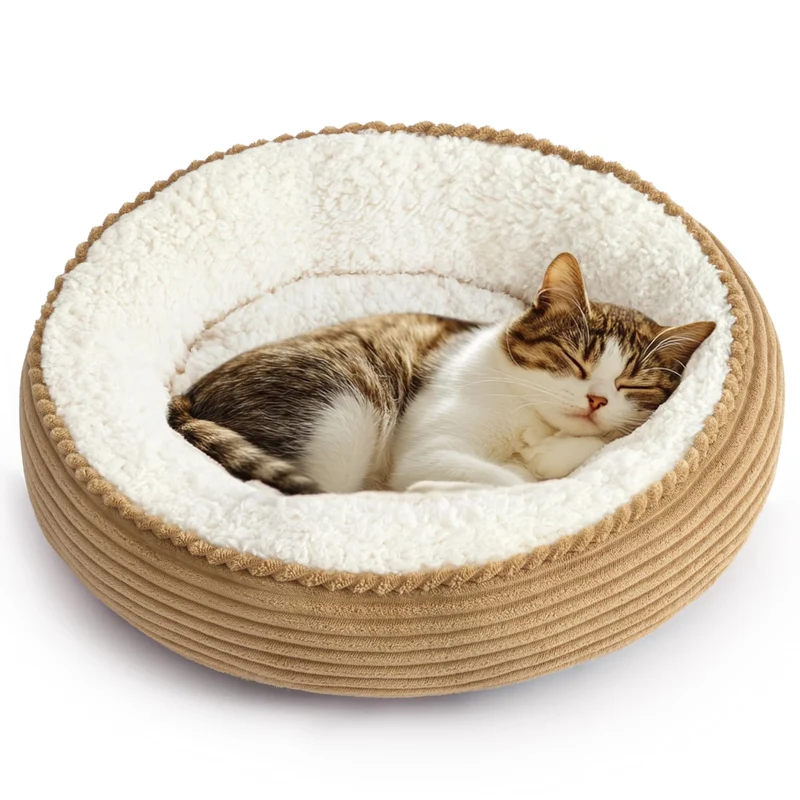 Love's cabin | Nid Donut Rond 20 po pour Chat et Petit Chien — Anti-Glisse, Lavable, Rayures Camel