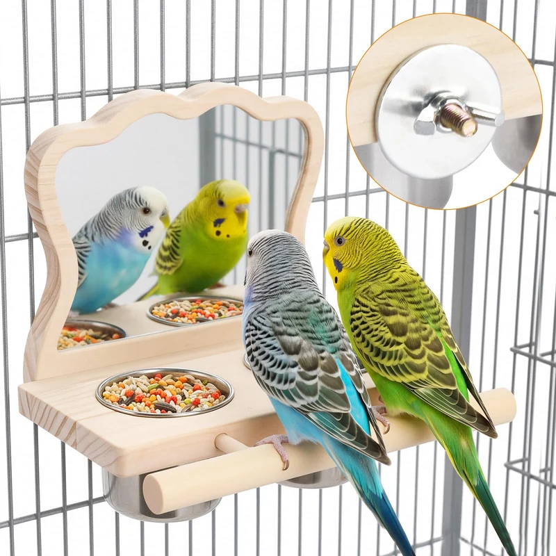 SMICEM Perchoir-Plateforme avec Miroir et Bols en Acier – Accessoire Cage Bois