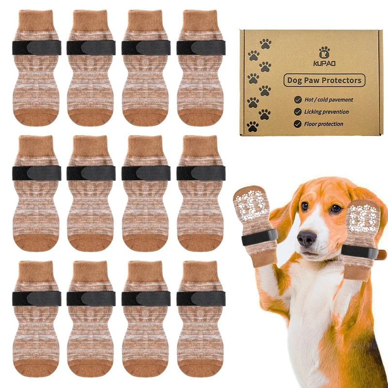 Chaussettes pour chien KUPAO – Pack 12, Taille Moyenne, Marron, Protègent les pattes et Antidérapantes