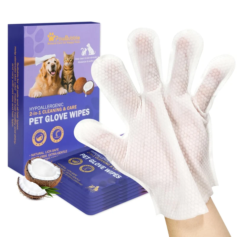 PawBubble Gants Lingettes pour Animaux – Nettoyage Hypoallergénique pour Chiens et Chats, Sans Alcool, Déodorisation (Lot de 6)