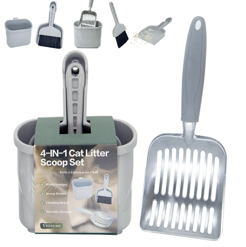 Vitisyao Pelle-litière 4-en-1 avec Support – Kit Nettoyage Litière Aluminium Gris