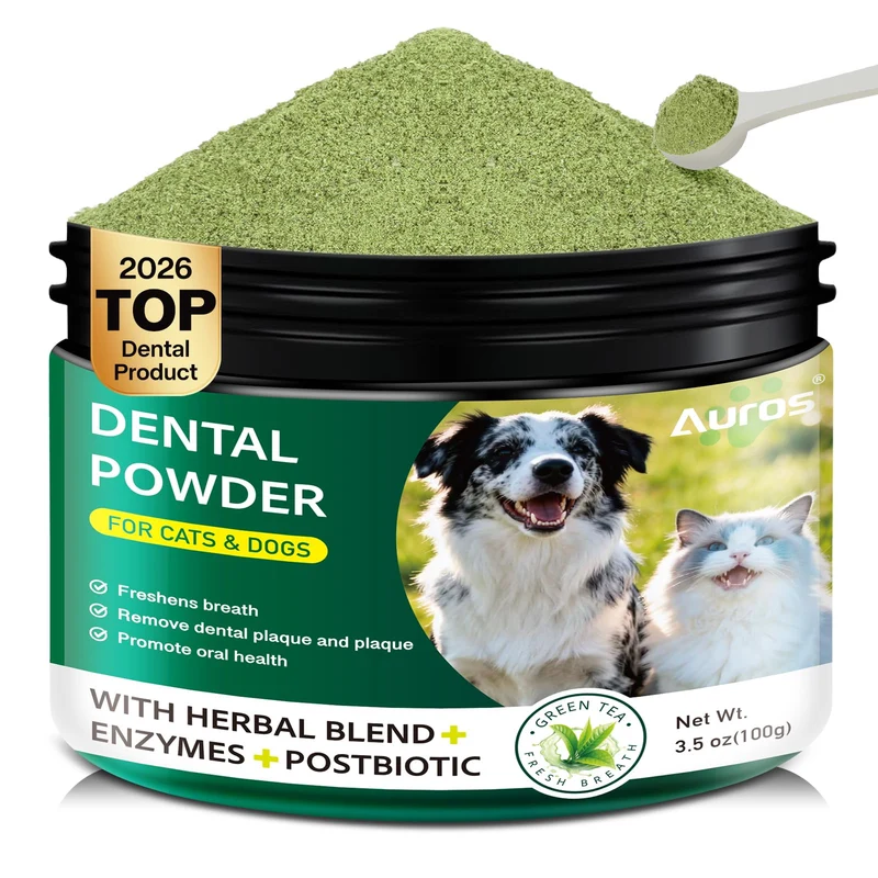 AUROS Poudre Dentaire pour Chiens et Chats — Nettoyage des Dents, Plaque et Haleine Fraîche, Mélange Naturel et Postbiotiques (3,5 oz)
