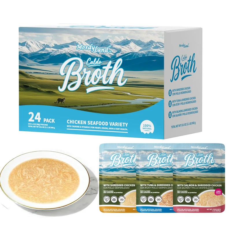MordyLand Poulet Effiloché dans le Bouillon – Complément humide pour chats sans céréales, Lot variété 24 sachets (40 g chacun)