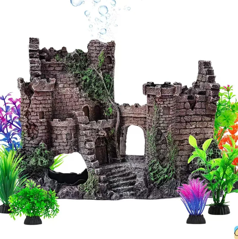 Château d’aquarium CousDUoBe avec bulles et plantes – Décor réaliste