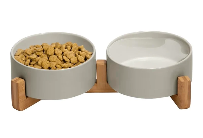 Ensemble de bols en céramique pour chats et petits chiens – Pawsome, support en bois antidérapant – Gris