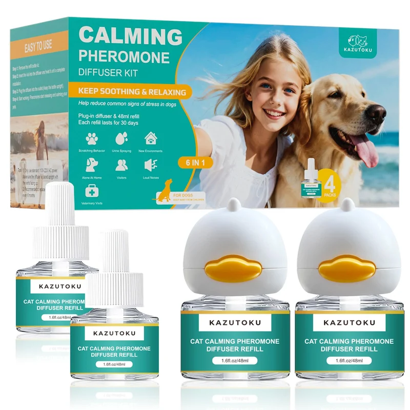 Kazutoku – Diffuseur de phéromones apaisantes pour chiens | Kit 6 en 1 avec 2 diffuseurs et 4 recharges 48 ml