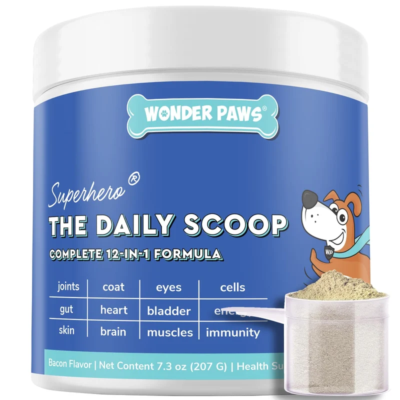 Wonder Paws – Poudre Multivitamines 12 en 1 pour Chiens | Daily Scoop – Soutien articulations, digestion, peau et immunité – Probiotiques, Collagène, Glucosamine, Champignons – 7,3 oz