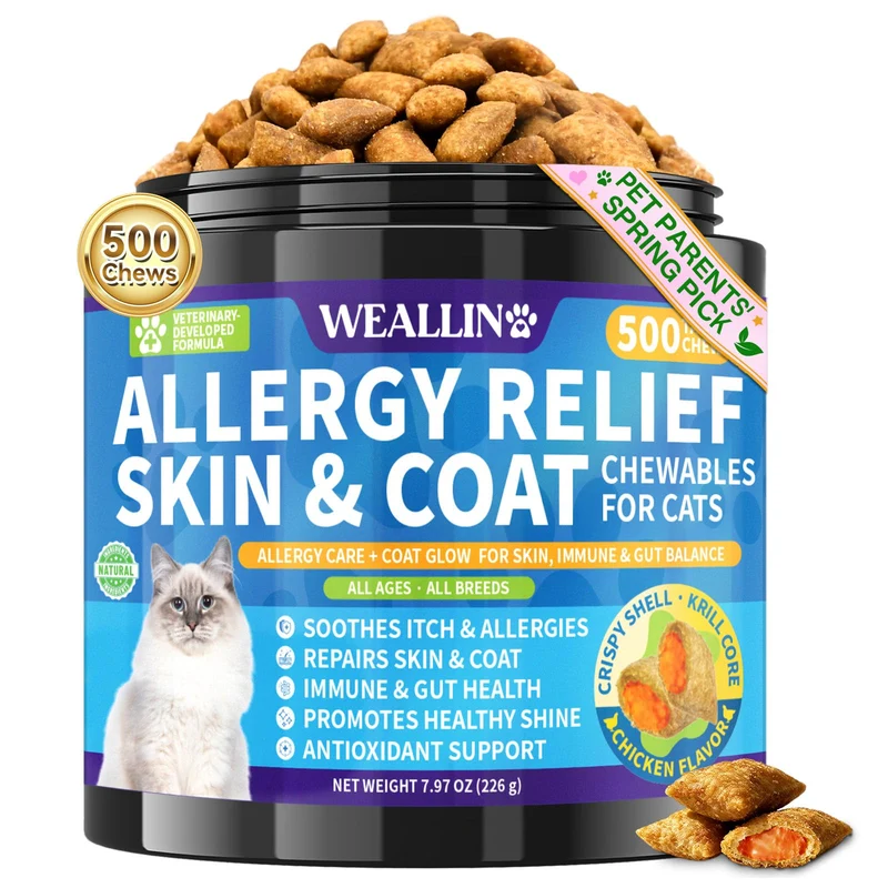 WEALLIN – Friandises Anti-Allergie pour Chats | 500 Croquantes au Krill, Oméga-3 et Probiotiques – Saveur Poulet