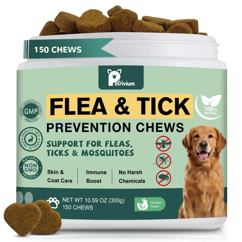 Petrivium Chien - Bouchées Naturelles Puces et Tiques, Saveur Poulet - 150 Friandises