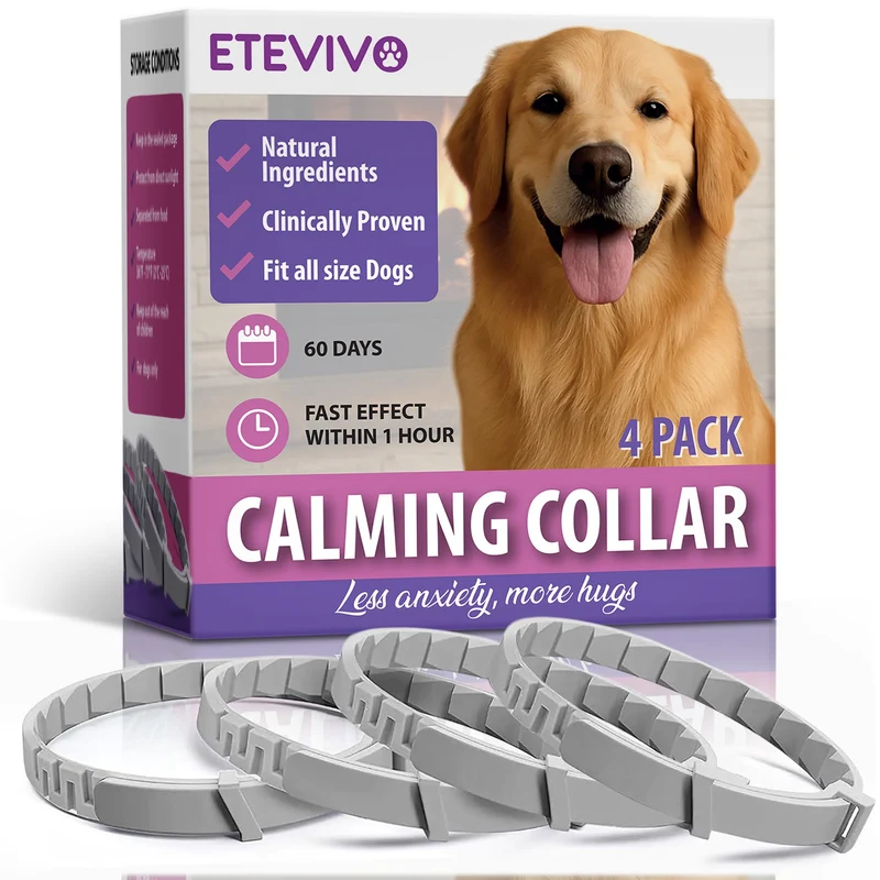 Collier apaisant pour chiens – Pack 4, phéromones, 60 jours, 25 po ajustable – ETEVIVO