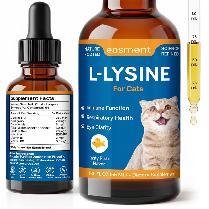Easment L-Lysine pour Chats – Gouttes Liquides Goût Poisson, Immunité et Bien-être Respiratoire