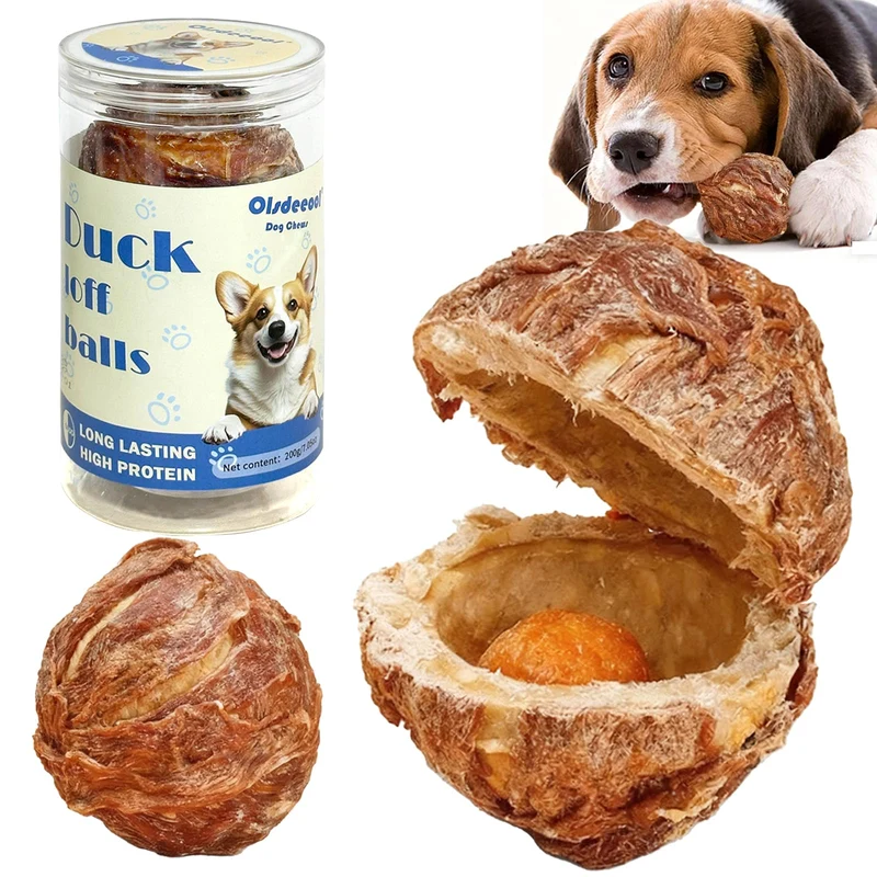 Olsdeeool Friandises pour chien – Boule canard enveloppée, cœur cuir de bœuf, jaune d’œuf, 200 g (2 pièces)