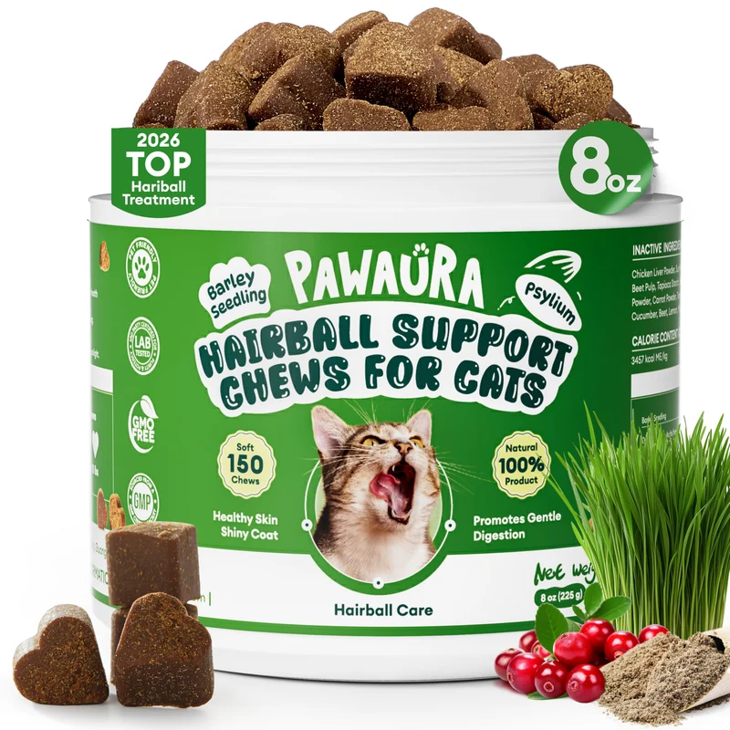 Pawaura Friandises anti-boules pour chats – 150 bouchées, traitement naturel pour tous les félins, peau/poil, digestion et santé urinaire, saveur poulet