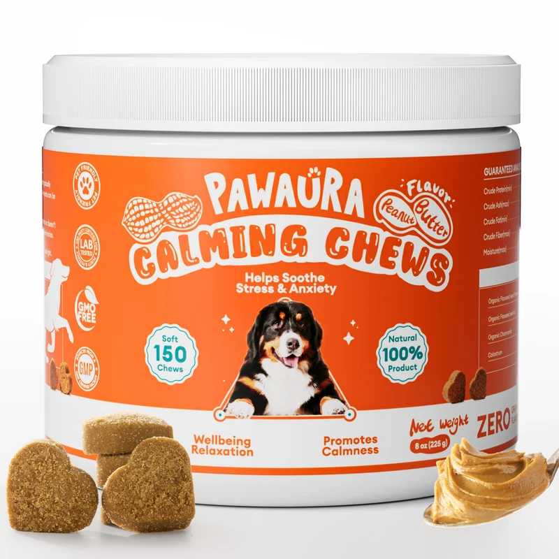 Pawaura Calming Chews pour chiens – 150 friandises calmantes, anxiété et sommeil (saveur beurre de cacahuète)