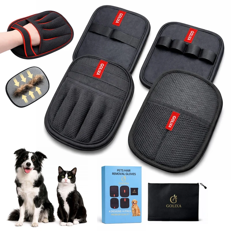 GOLIXA – Gants anti-poils pour animaux (4 pièces) – Brosse magnétique réutilisable pour chiens et chats