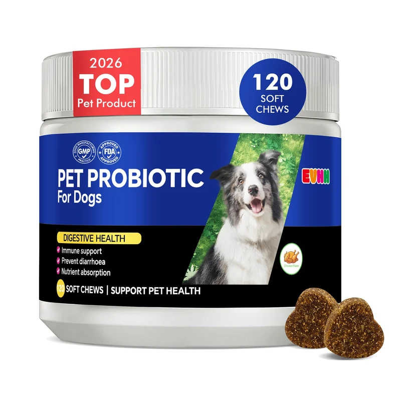 EVHH Probiotiques pour Chiens – Enzymes Digestives + Prébiotiques, Diarrhée, Immunité, Goût Poulet, 120 Gommes