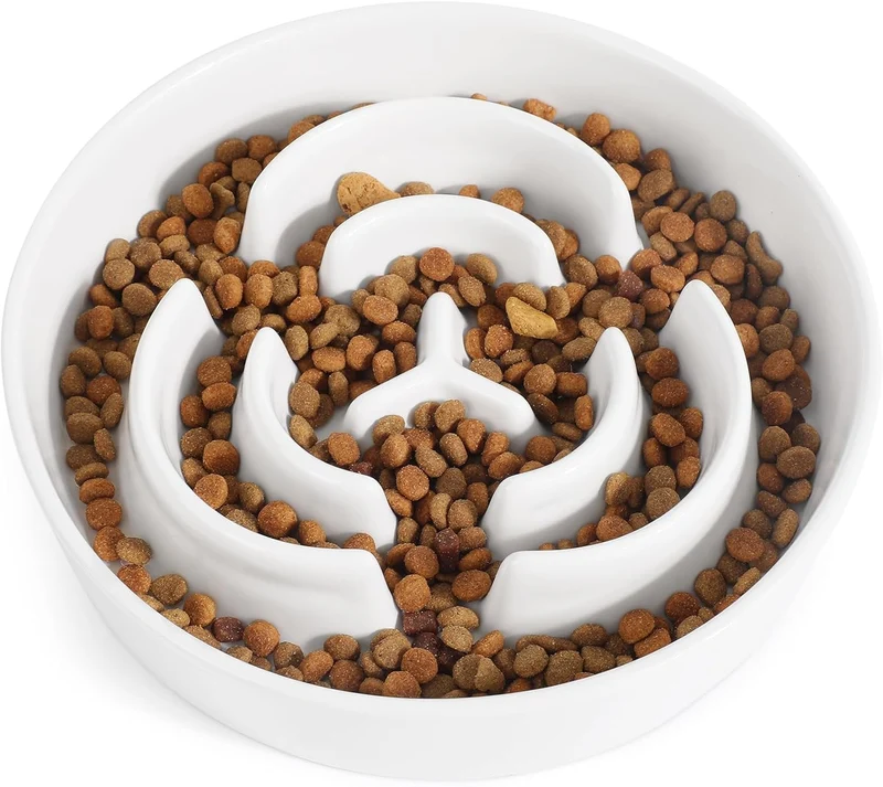 JuWow Bol en céramique – Mangeoire lente pour chien de taille moyenne, 2,0 tasses (8 po), blanc