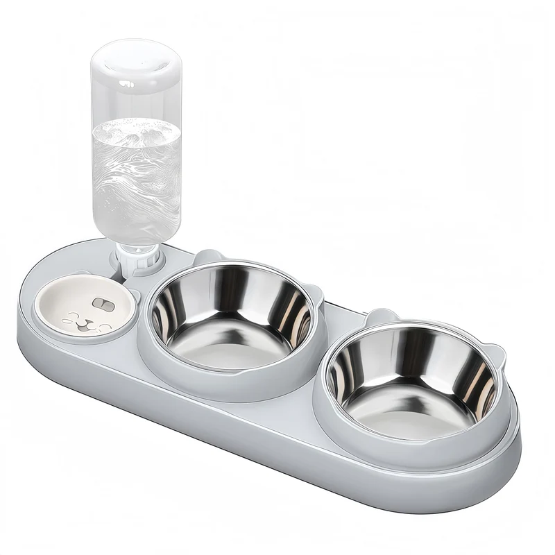 Marchul - Bol 3 en 1 pour Chat et Chien Petit/Moyen, Ensemble Gamelle et Distributeur d'Eau, Bols Acier Inoxydable, Inclinaison 15°, Support Élevé 7 cm, Gris Clair