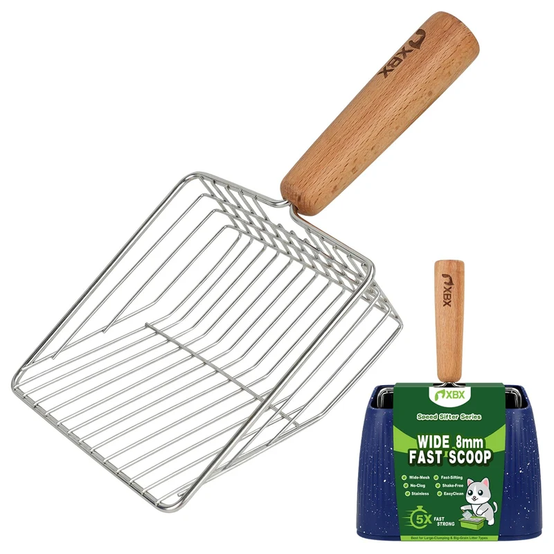 XBX Pelle à Litière pour Chat avec Support — Acier Inoxydable Durable et Manche en Bois de Hêtre