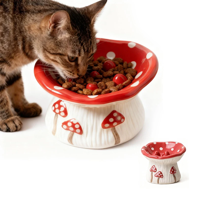 ZHIYUEJING Bol Chat Alimentation Lente en Céramique — Bol Élevé Champignon
