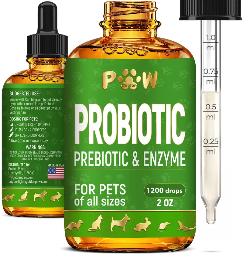 Probiotiques liquides Golden Paw pour chiens et chats | Équilibre digestif | 3 milliards CFU | Saveur herbacee | 60 ml