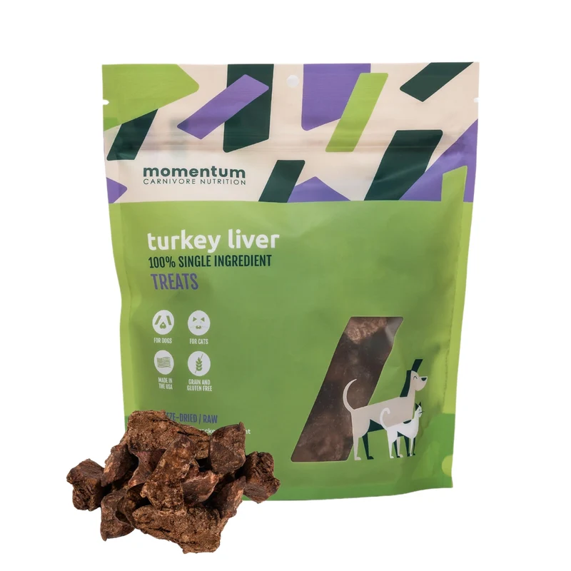 Momentum Carnivore Nutrition – Friandises Lyophilisées Foie de Dinde pour Chiens et Chats | 1 Ingrédient, Protéines Élevées, Sans Céréales, Fabriqué aux États‑Unis, Sachet 3,5 oz
