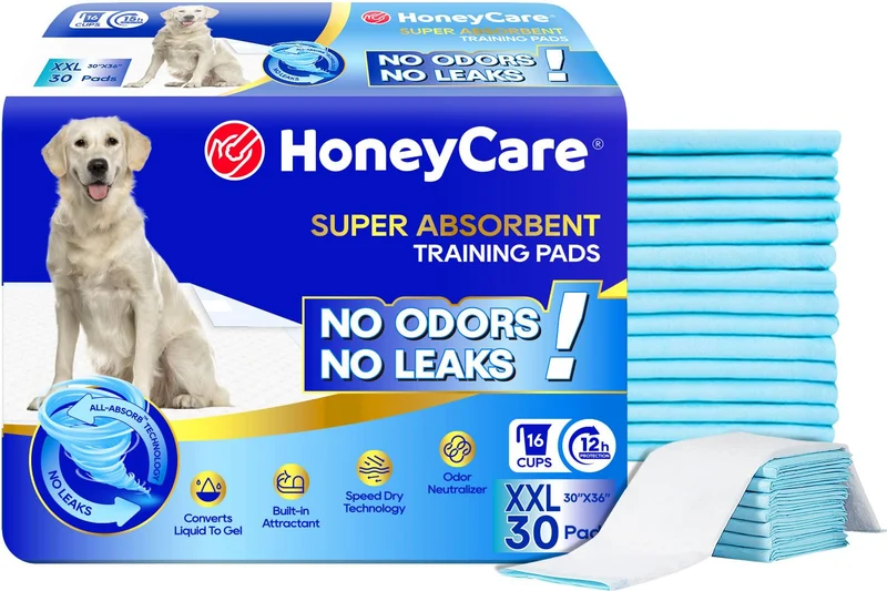 HONEY CARE All-Absorb XXL 76 cm x 91 cm – Tapis d’entraînement pour chiens, 30 pièces, ultra absorbants et anti-odeurs, bleu, A39