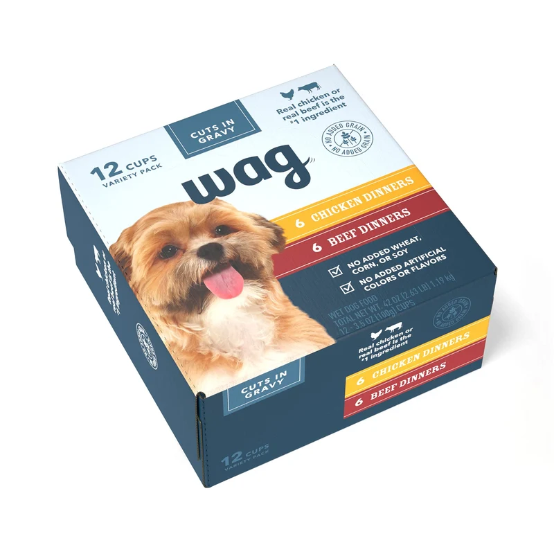 WAG – Coupes d’alimentation humide pour chien, poulet et bœuf en sauce, lot varié 12×3,5 oz