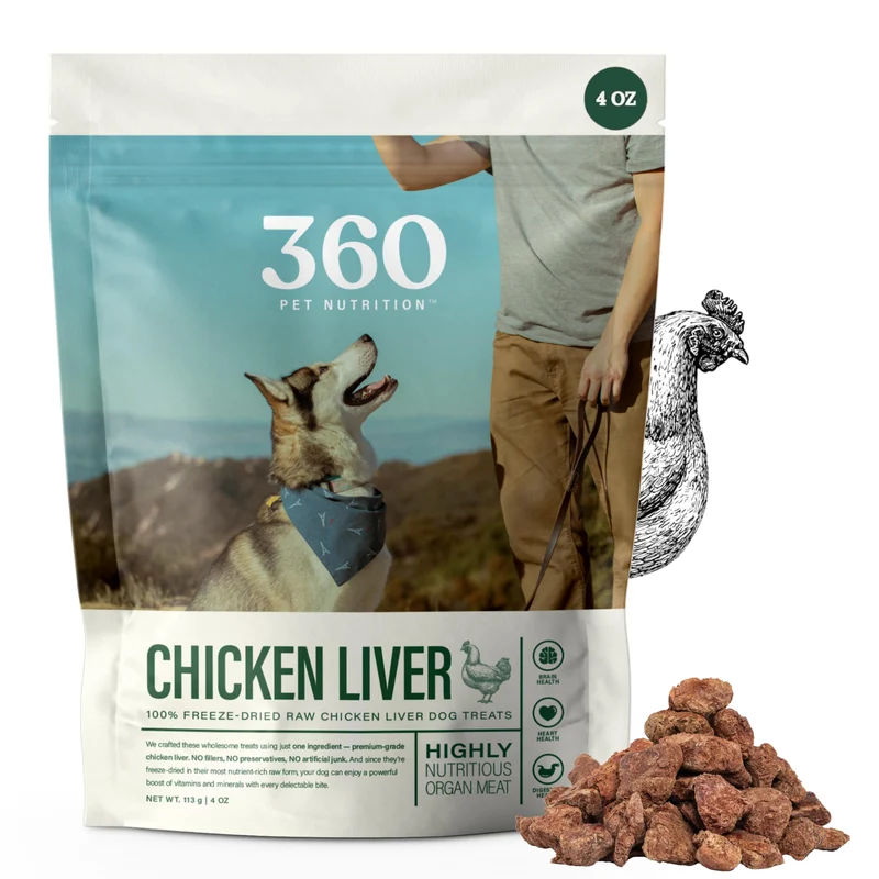 360 Pet Nutrition – Friandise Foie de Poulet Séché pour Chien, Ingrédient Unique, Protéine Élevée, Sans Céréales, Fabriqué aux États‑Unis, 4 onces