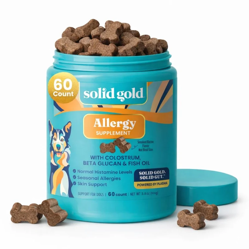 Solid Gold – Friandises molles anti-allergies pour chiens, peau et pelage, huile de saumon d’Alaska, saveur bacon – 60 unités