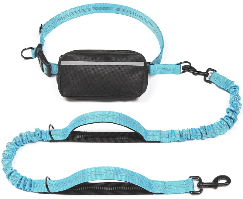 iYoShop Laisse mains-libres pour chien avec poche zippée – Poignées rembourrées et bungee durable (Moyen, 8–25 lb, Bleu)