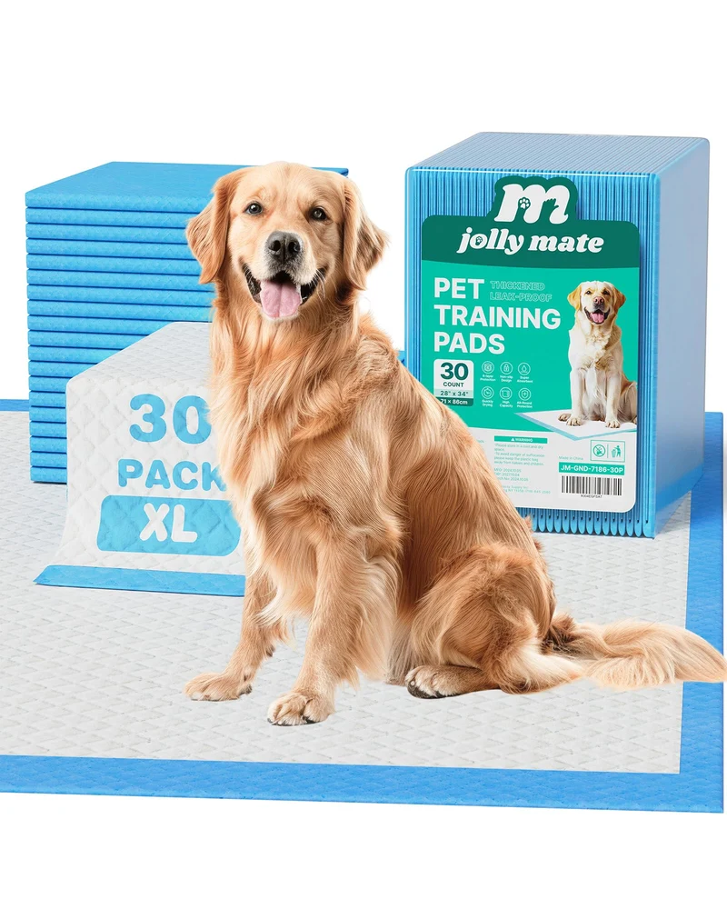 JollyMate Tapis Potty XXL 28x34 pouces, 30 pièces – 6 couches, anti-fuite et rabats adhésifs pour chiens et chiots