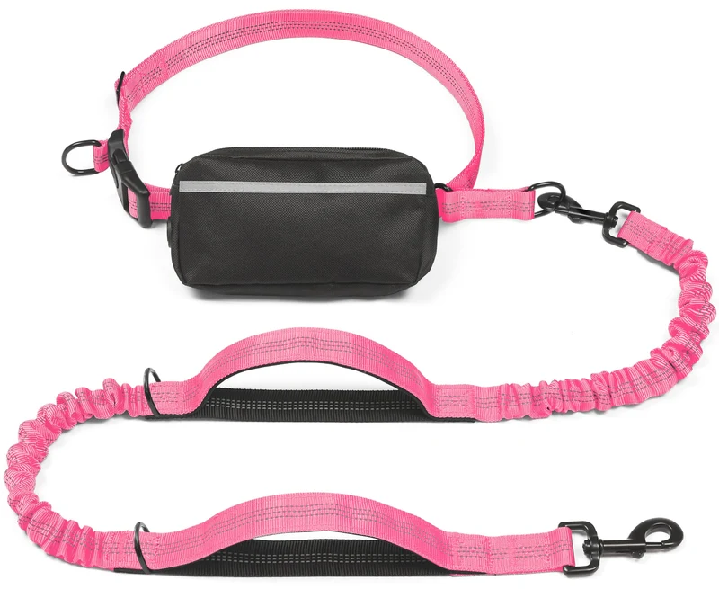 iYoShop Longe mains libres avec poche zippée – Pour chien 11–54 kg – Rose