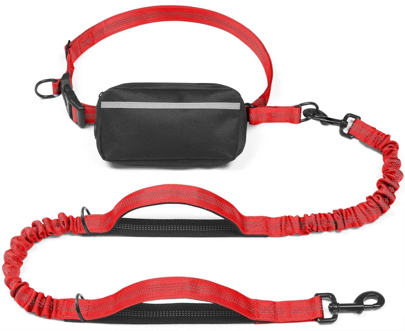 iYoShop Laisse mains-libres pour chien avec poche zippée et deux poignées – Grand chien 25-120 lb – Rouge