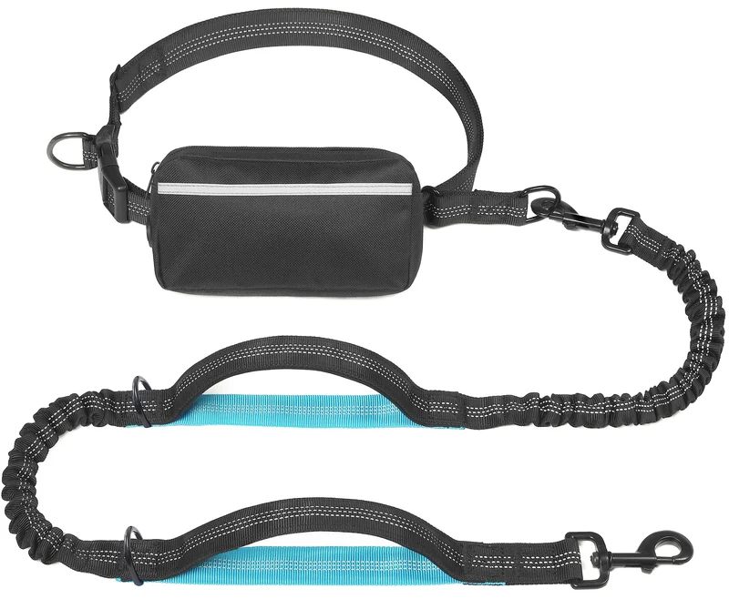 iYoShop Laisse sans mains pour chien avec pochette zippée, poignées rembourrées doubles et élastique bungee – Promenades, jogging et course (M, 3,6–11,3 kg, Noir)